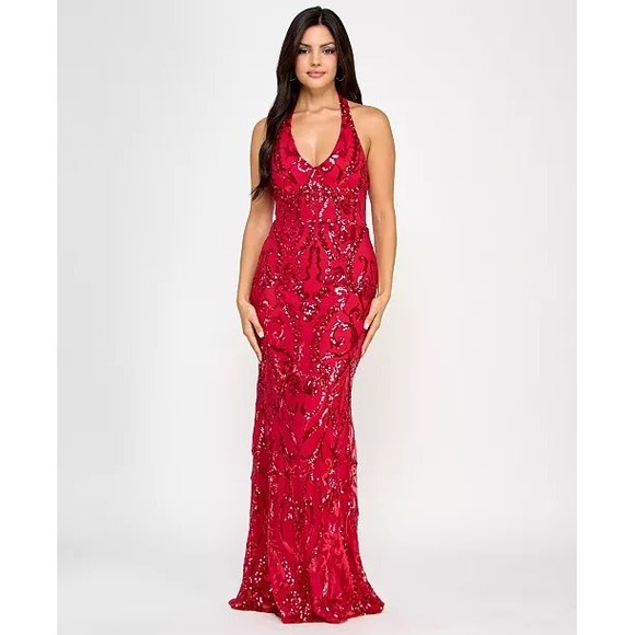 B. Darlin Dresses & Skirts - B. Darlin Red Sequin Halter Neck Formal Gown Damask Mermaid Maxi Dress Prom Gala